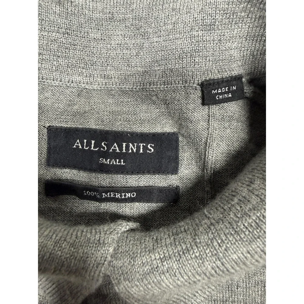 AllSaints Sweater Mens Small Gray 100% Merino‎ Wool Polo Knit Pullover MK005D